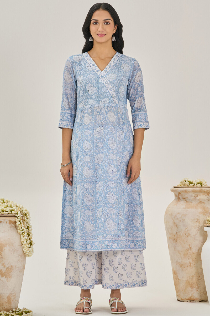 Blue Hand Block Printed A-Line Cotton Mul Kurta
