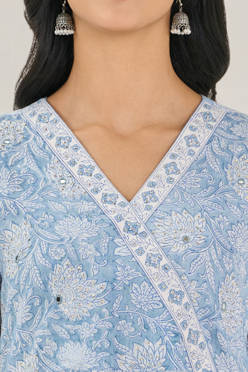 Blue Hand Block Printed A-Line Cotton Mul Kurta