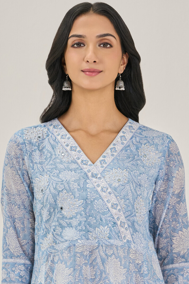 Blue Hand Block Printed A-Line Cotton Mul Kurta