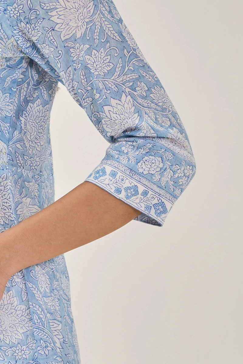 Blue Hand Block Printed A-Line Cotton Mul Kurta