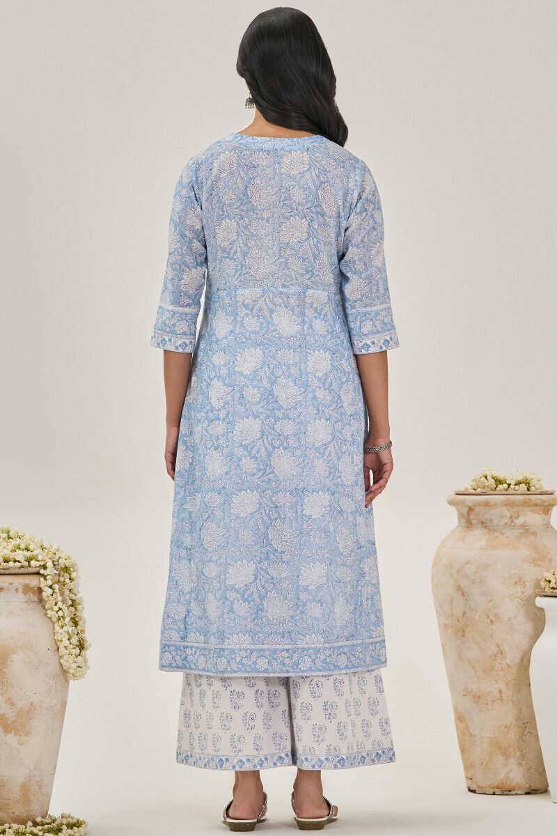 Blue Hand Block Printed A-Line Cotton Mul Kurta