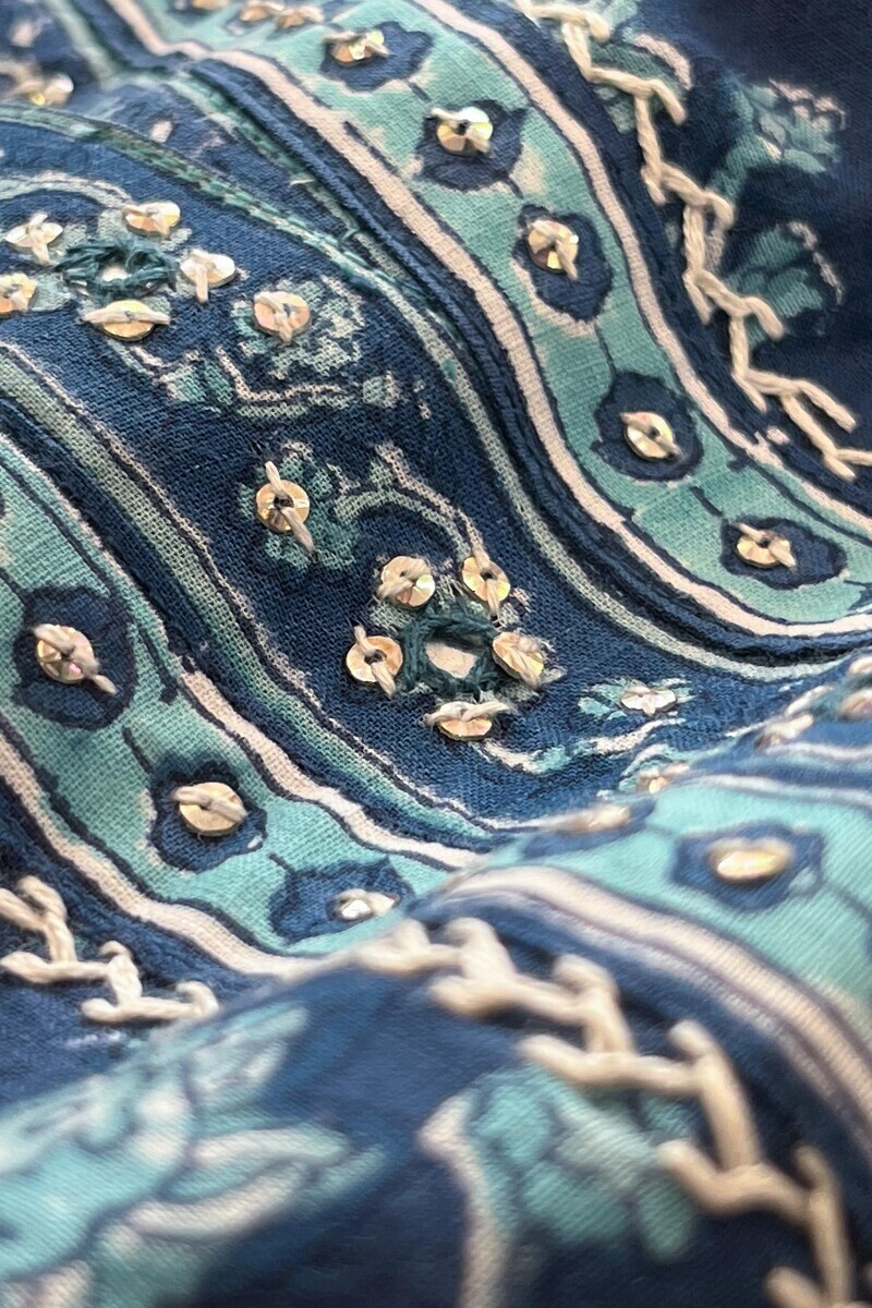 Blue Hand Block Printed Straight Cotton Slub Kurta