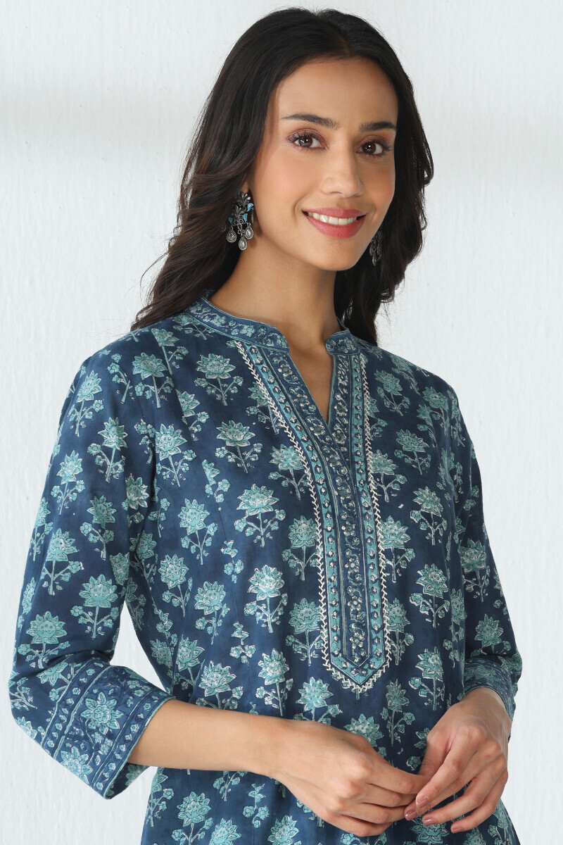 Blue Hand Block Printed Straight Cotton Slub Kurta