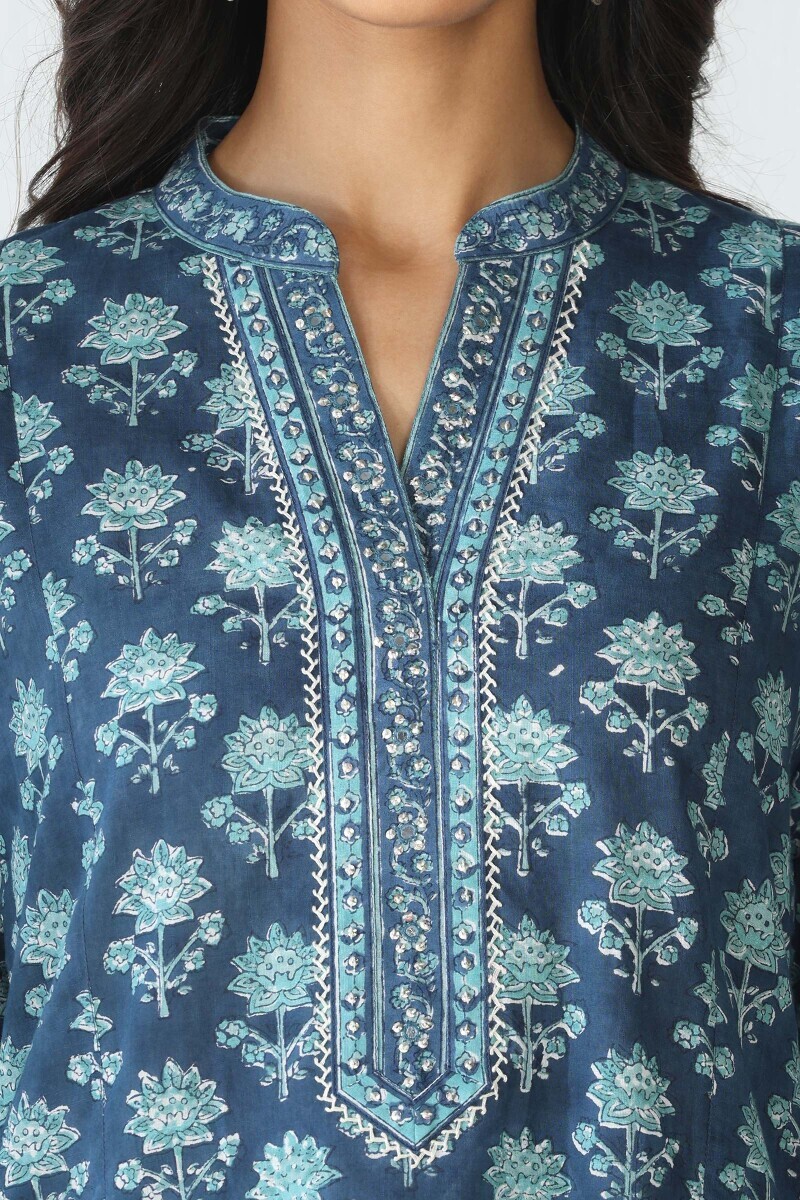 Blue Hand Block Printed Straight Cotton Slub Kurta