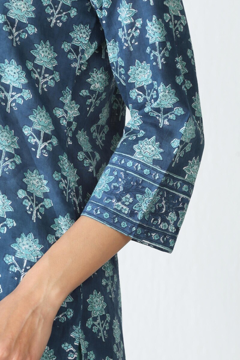 Blue Hand Block Printed Straight Cotton Slub Kurta