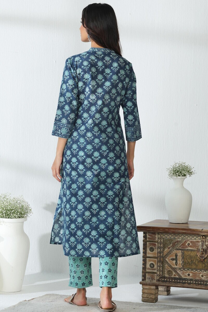 Blue Hand Block Printed Straight Cotton Slub Kurta
