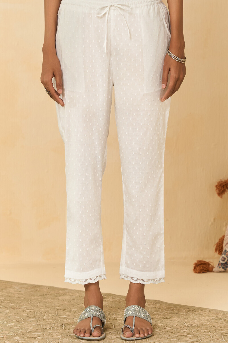 White Handcrafted Cotton Narrow Pants