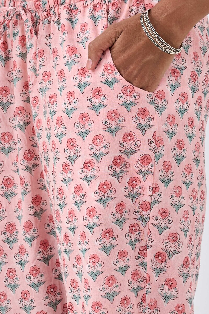 Pink Hand Block Printed Cotton Narrow Pants