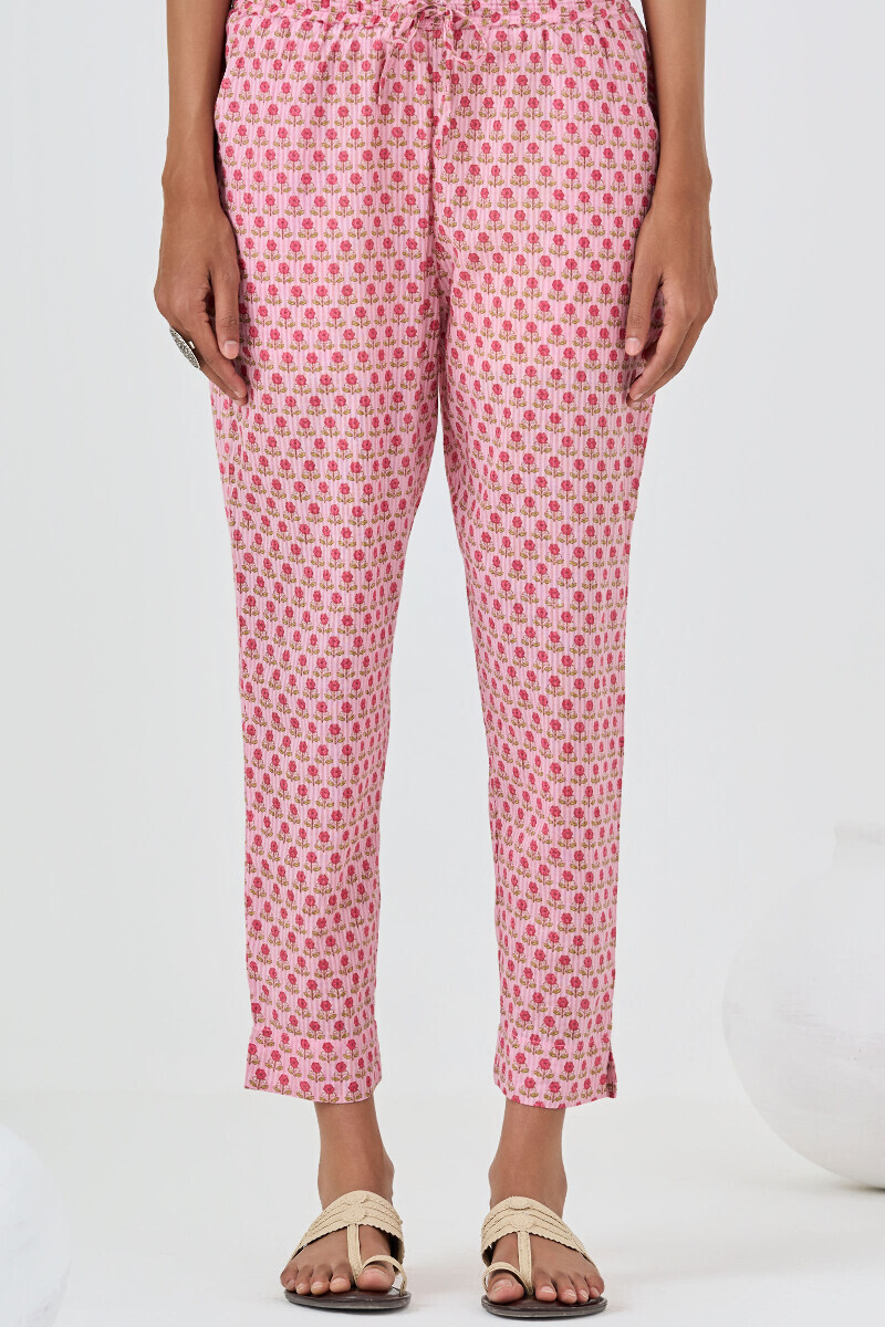 Pink Hand Printed Cotton Dobby Narrow Pants