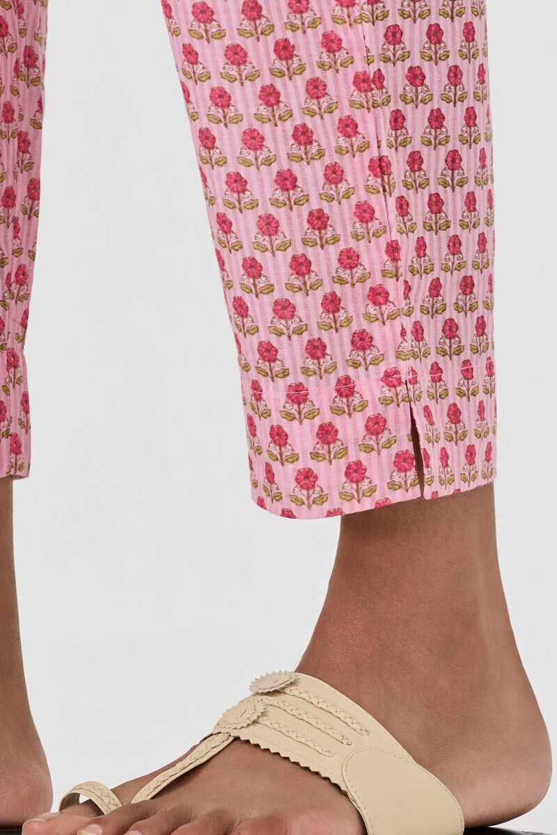 Pink Hand Printed Cotton Dobby Narrow Pants