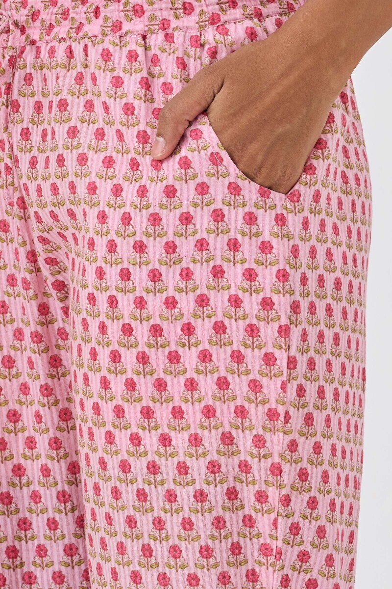 Pink Hand Printed Cotton Dobby Narrow Pants