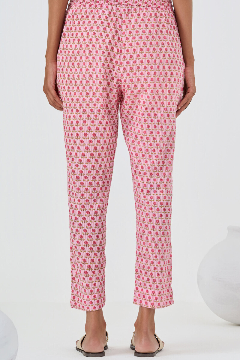 Pink Hand Printed Cotton Dobby Narrow Pants