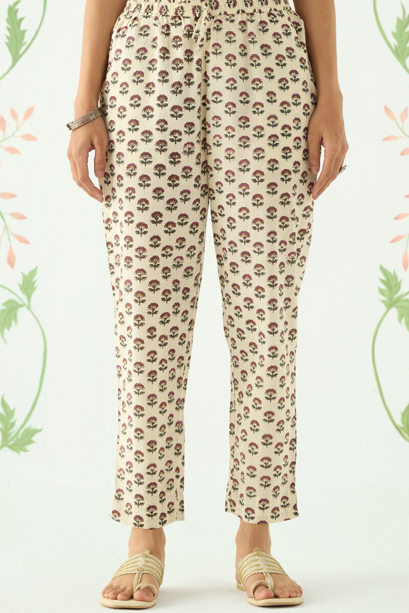 Cream Hand Printed Cotton Narrow Pants