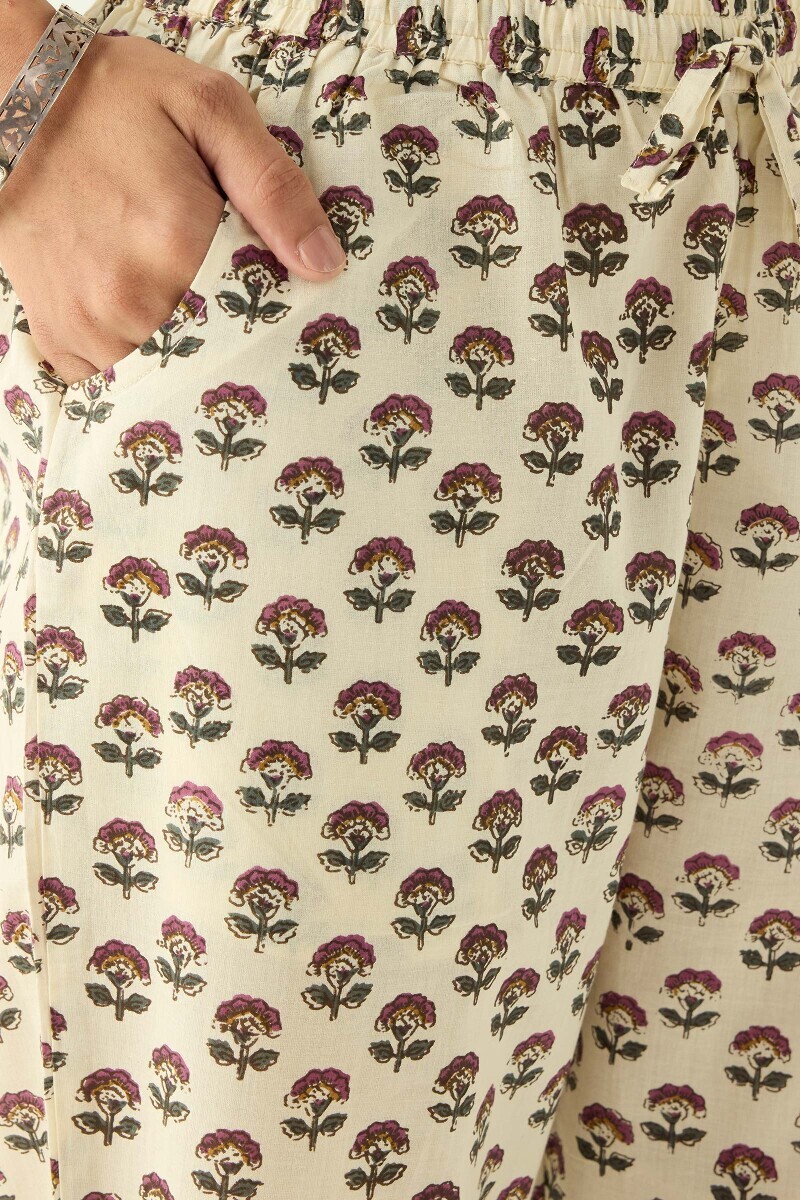 Cream Hand Printed Cotton Narrow Pants