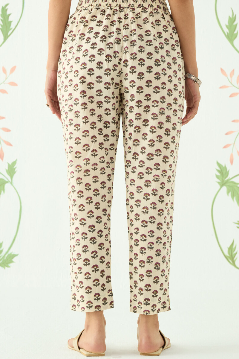 Cream Hand Printed Cotton Narrow Pants