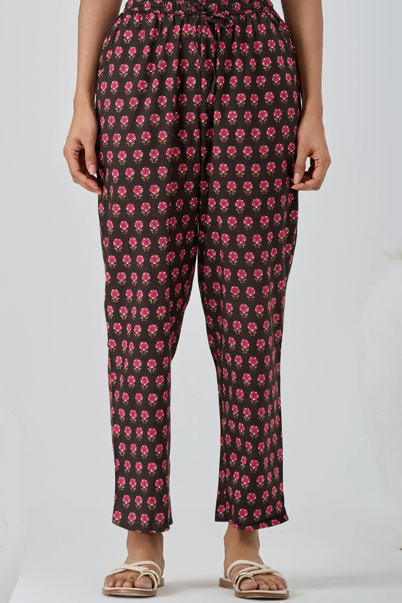 Brown Hand Printed Cotton Narrow Pants