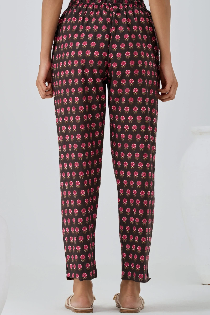 Brown Hand Printed Cotton Narrow Pants