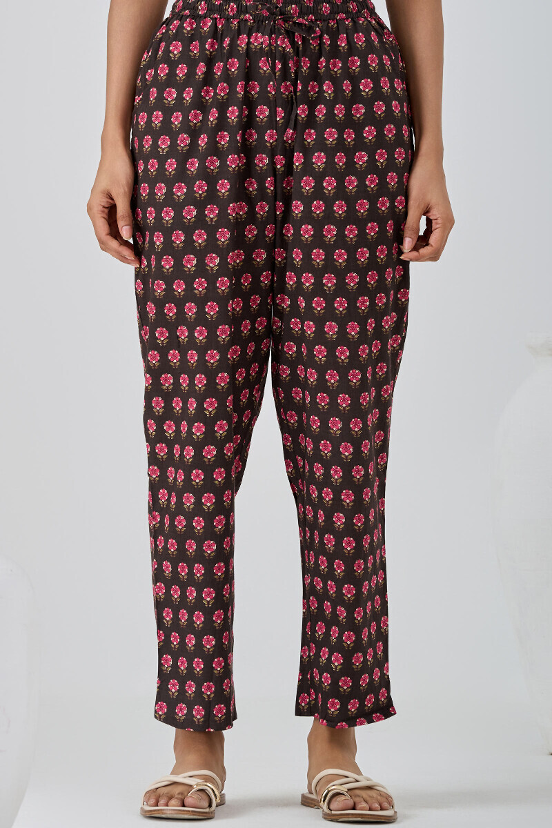Brown Hand Printed Cotton Narrow Pants