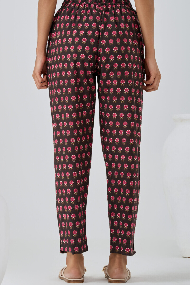 Brown Hand Printed Cotton Narrow Pants
