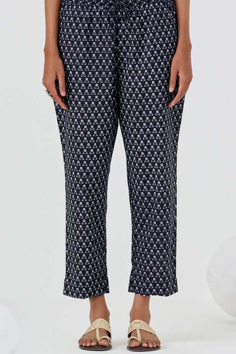 Blue Hand Printed Cotton Narrow Pants