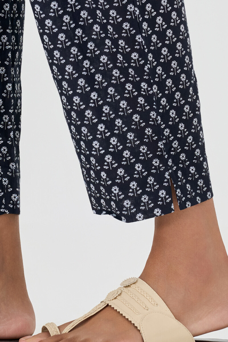 Blue Hand Printed Cotton Narrow Pants