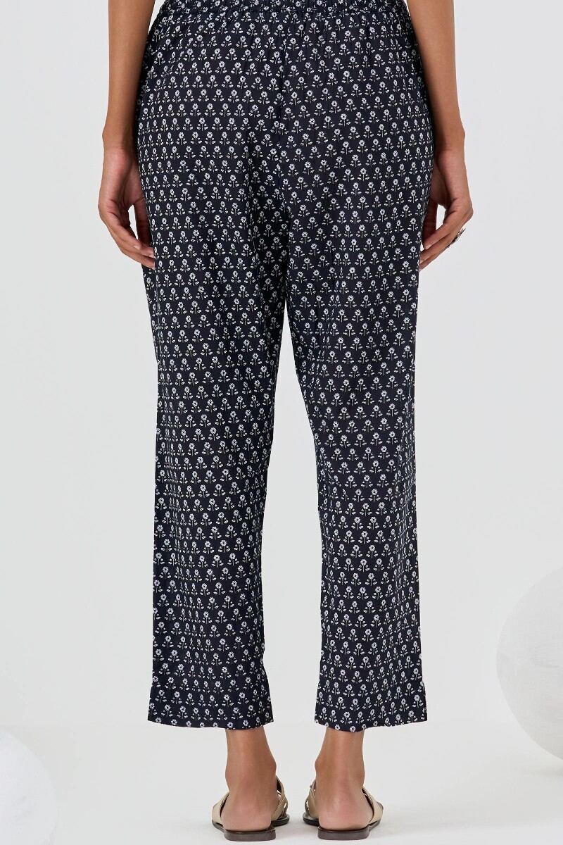 Blue Hand Printed Cotton Narrow Pants