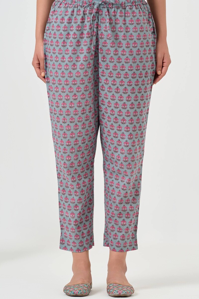 Blue Hand Printed Cotton Narrow Pants