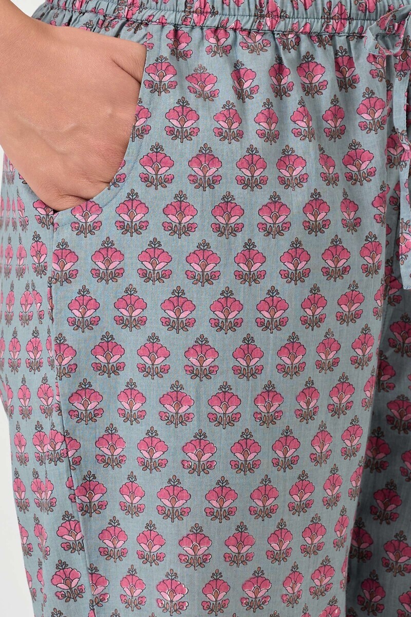 Blue Hand Printed Cotton Narrow Pants