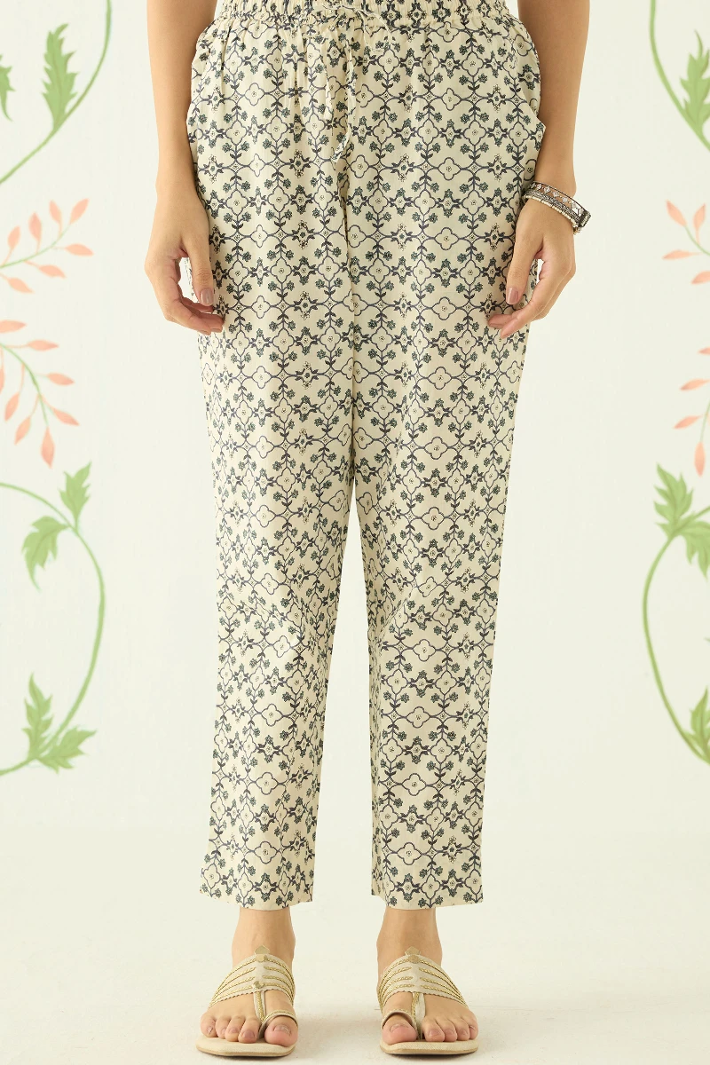 Off-White Hand Printed Cotton Narrow Pants