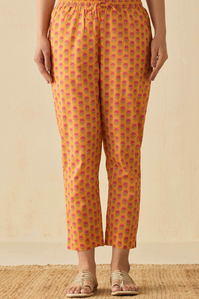 Mustard Printed Cotton Narrow Pants