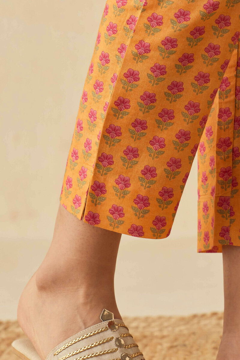 Mustard Printed Cotton Narrow Pants