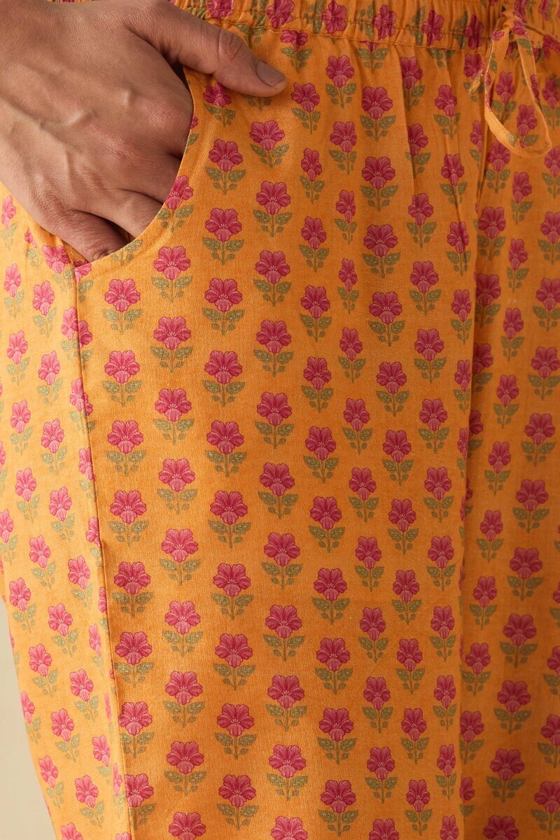 Mustard Printed Cotton Narrow Pants
