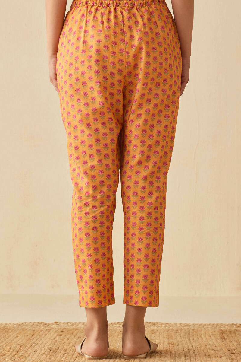 Mustard Printed Cotton Narrow Pants