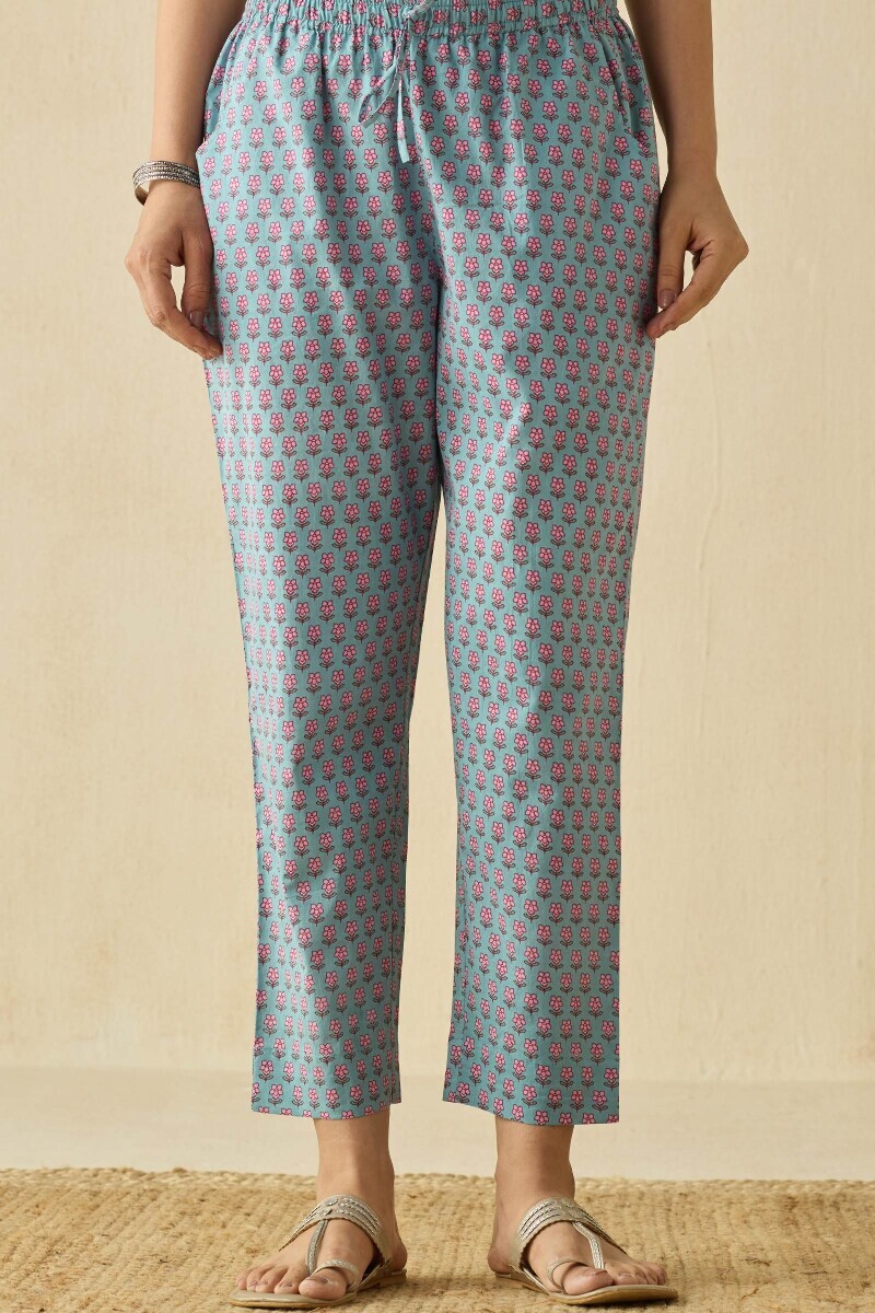 Blue Hand Printed Cotton Narrow Pants