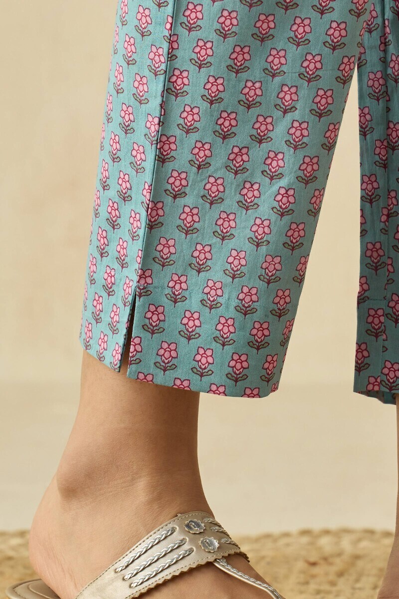 Blue Hand Printed Cotton Narrow Pants