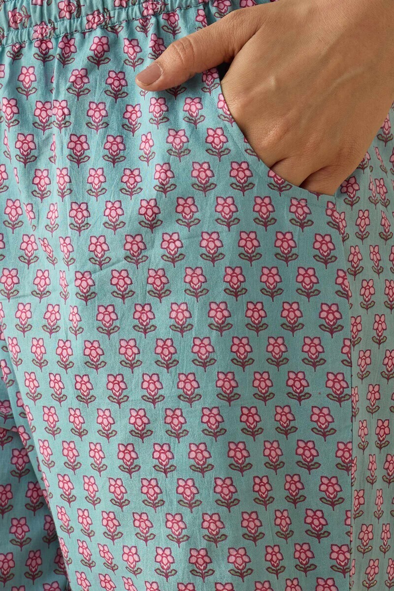 Blue Hand Printed Cotton Narrow Pants