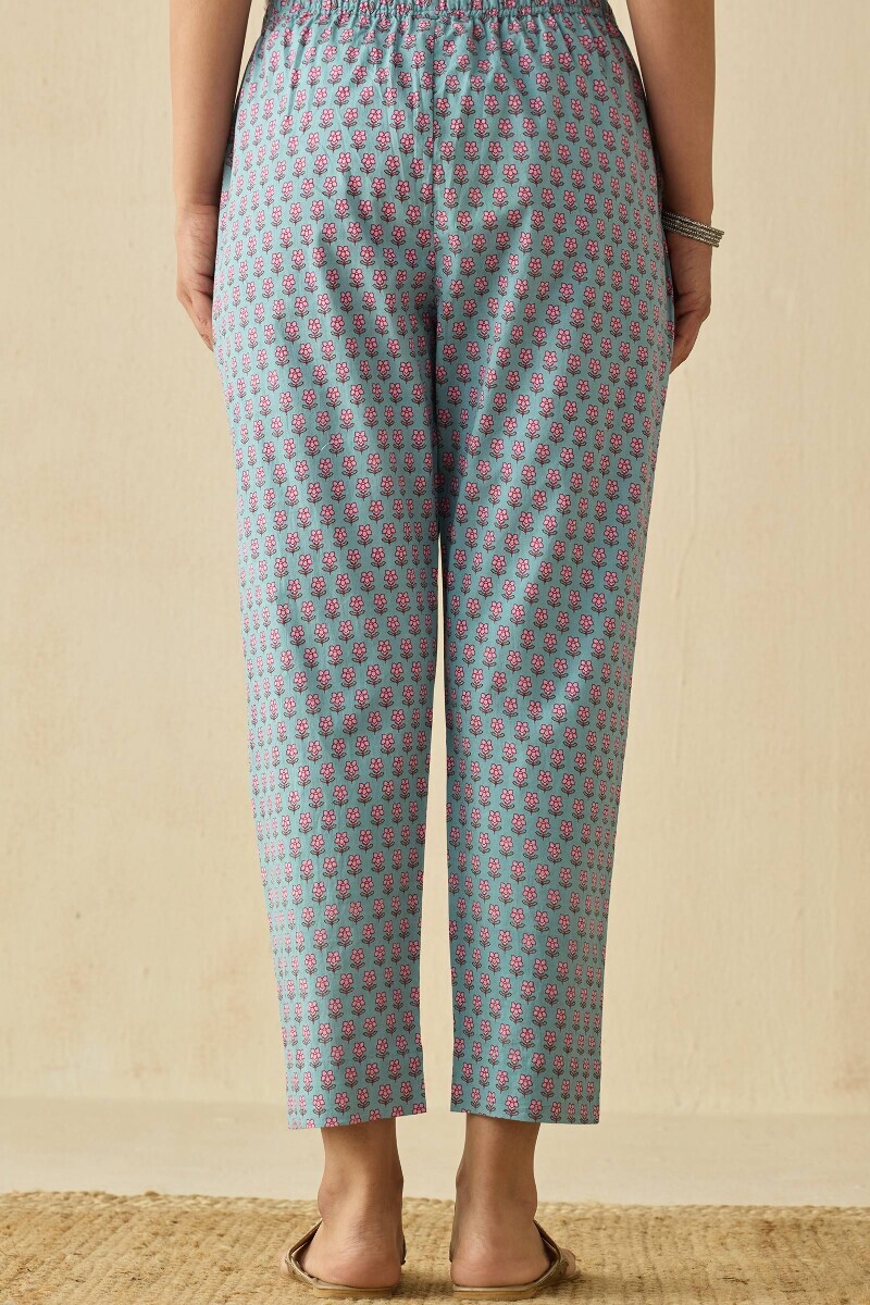 Blue Hand Printed Cotton Narrow Pants