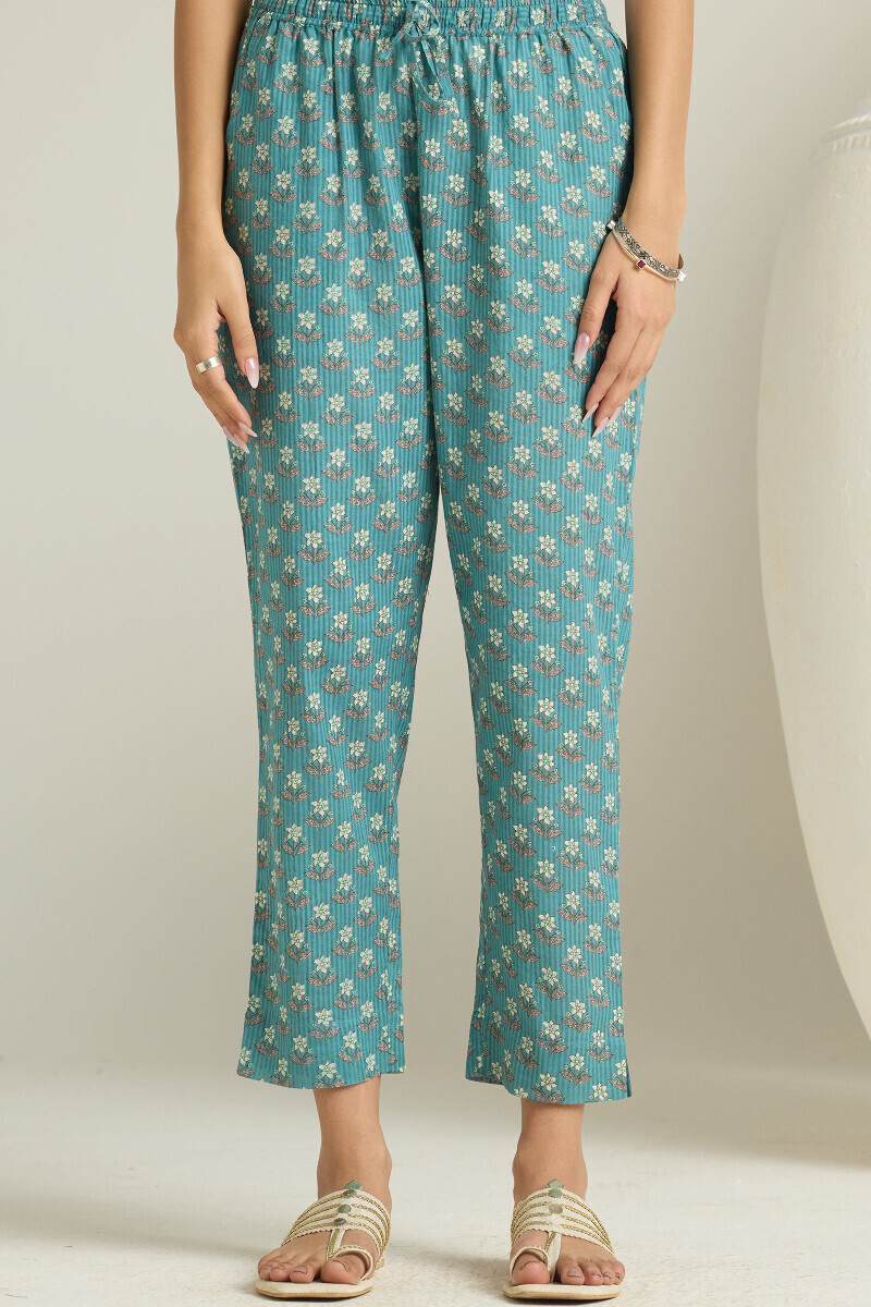 Blue Hand Printed Cotton Dobby Narrow Pants
