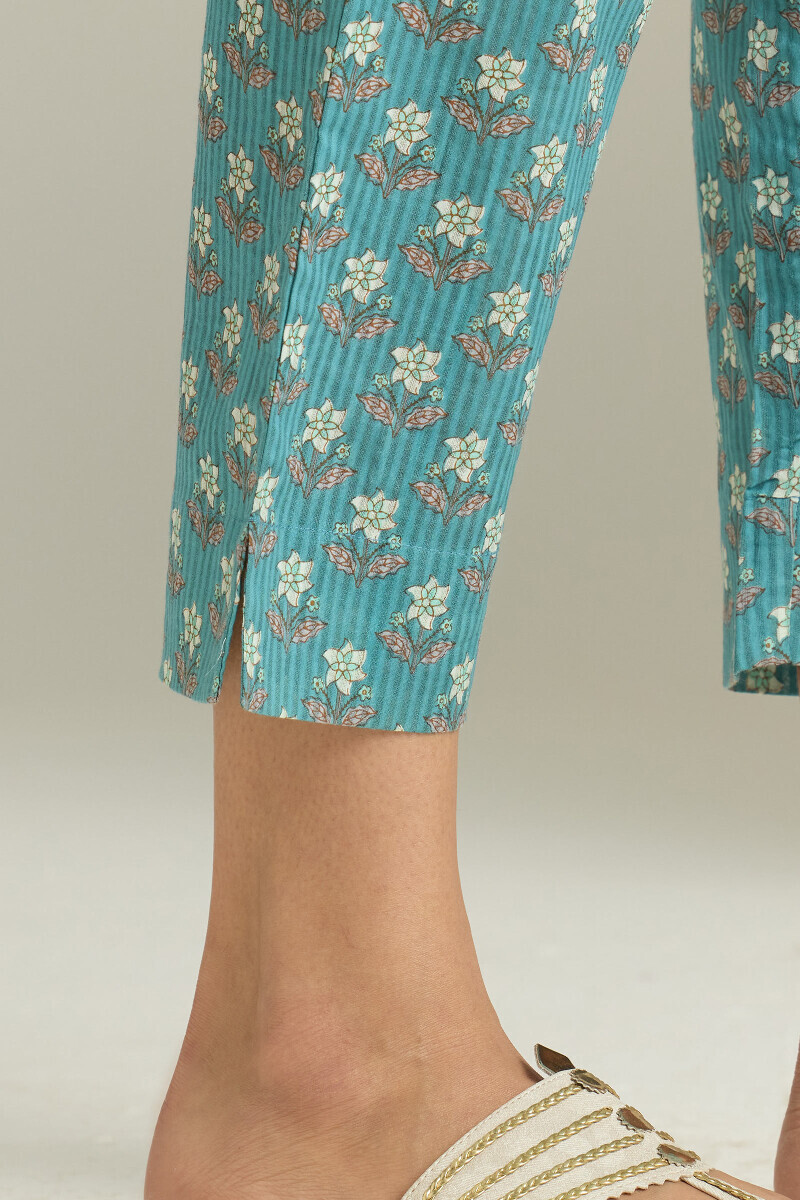 Blue Hand Printed Cotton Dobby Narrow Pants