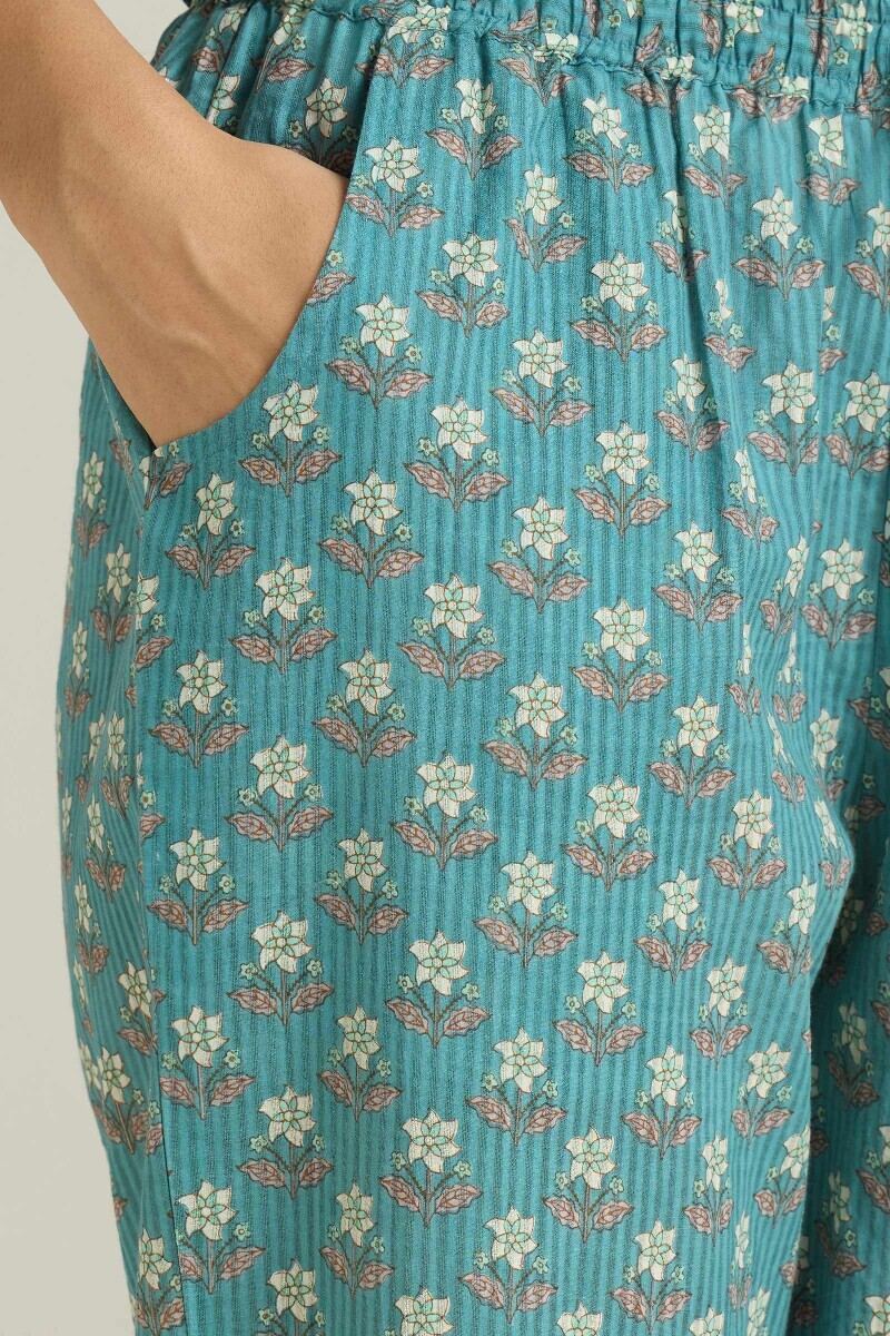 Blue Hand Printed Cotton Dobby Narrow Pants