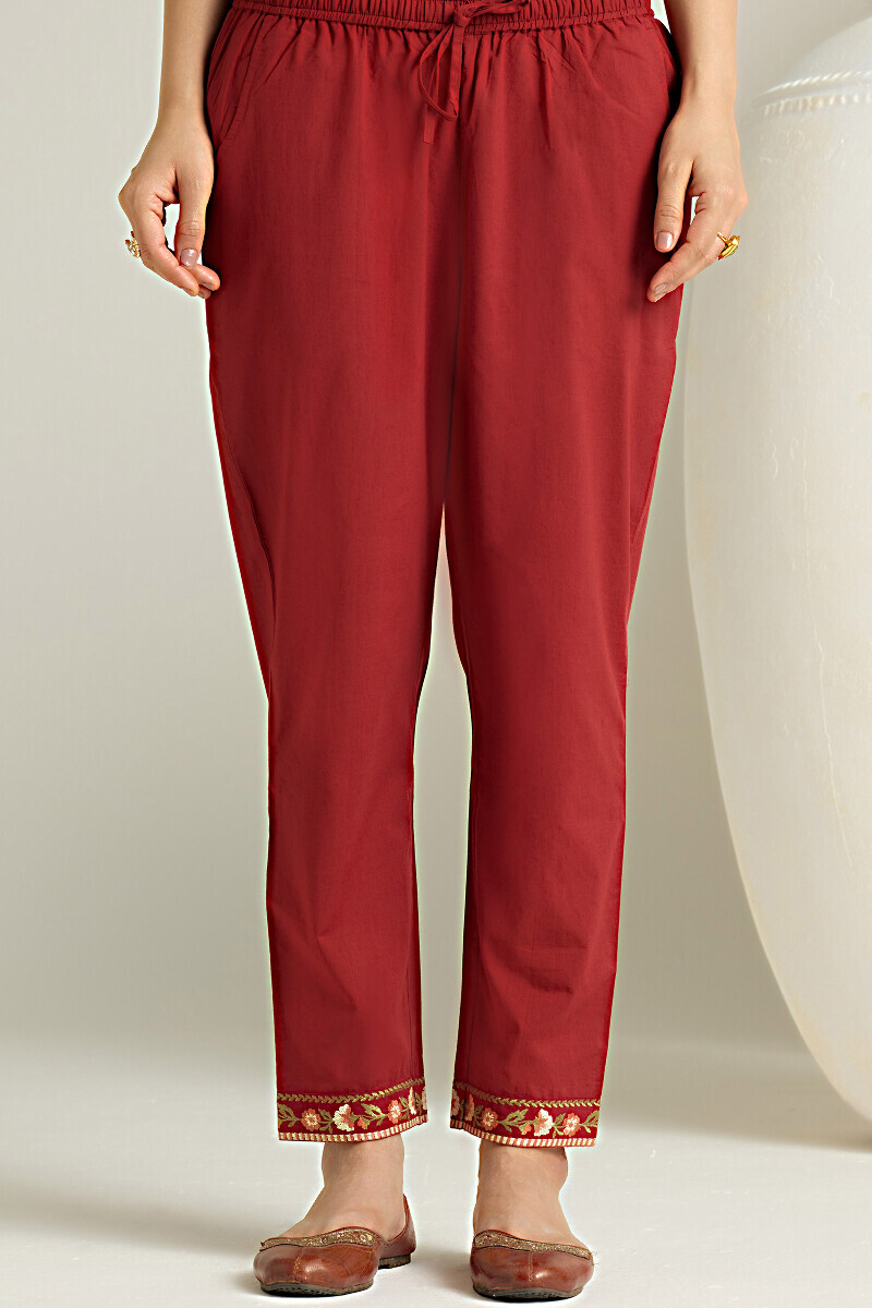 Maroon Handcrafted Cotton Narrow Pants