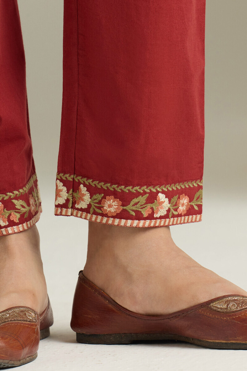 Maroon Handcrafted Cotton Narrow Pants