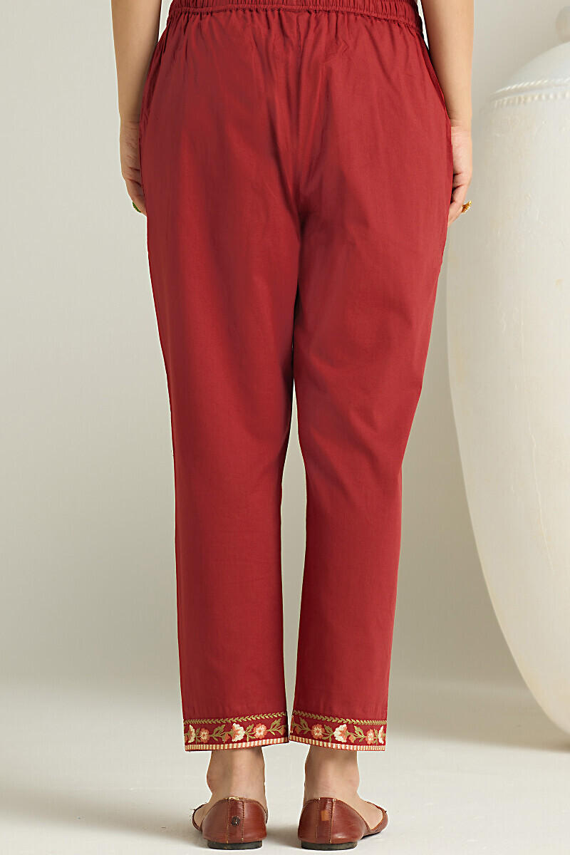 Maroon Handcrafted Cotton Narrow Pants