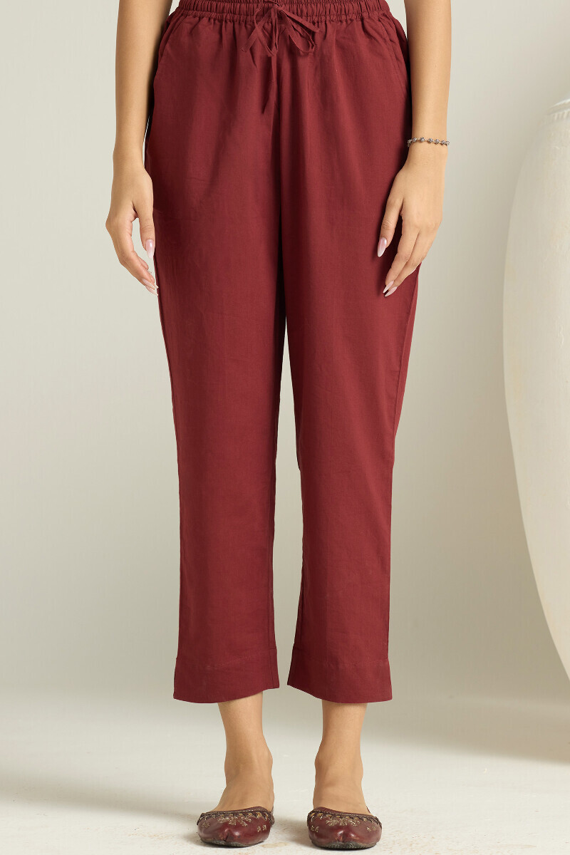 Maroon Handcrafted Cotton Narrow Pants