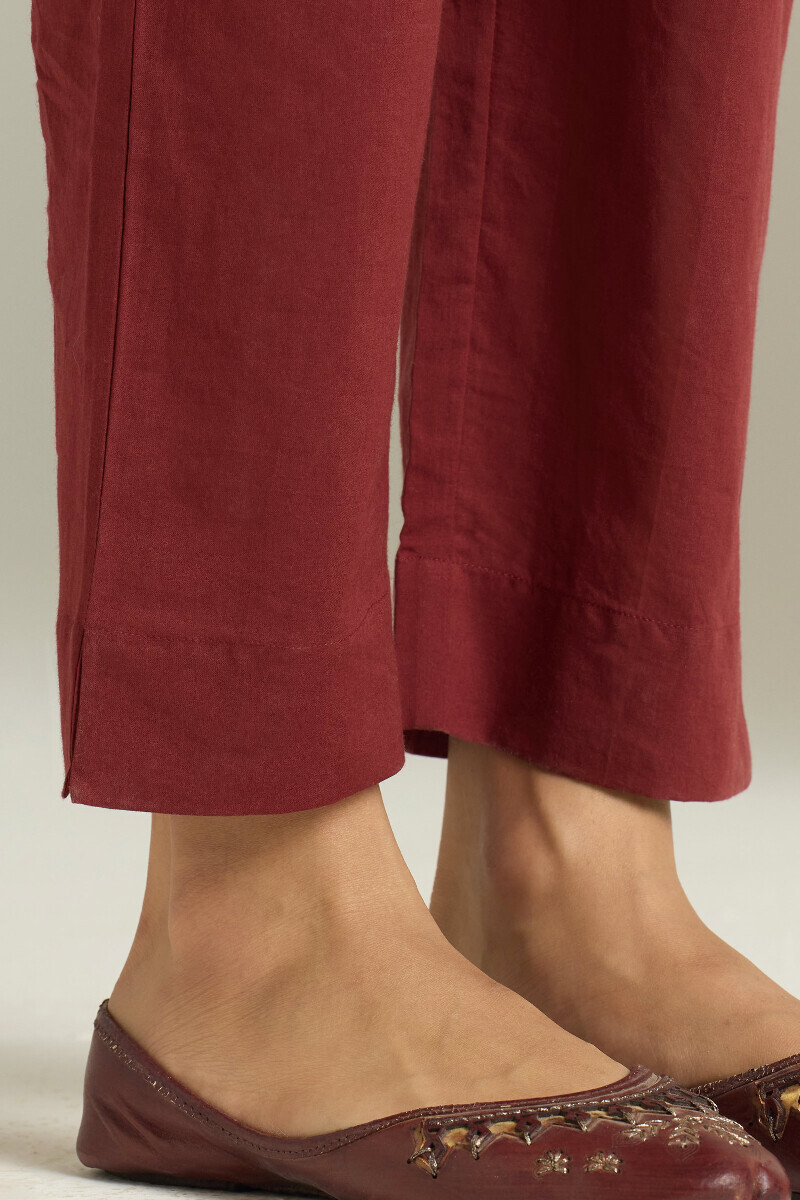 Maroon Handcrafted Cotton Narrow Pants