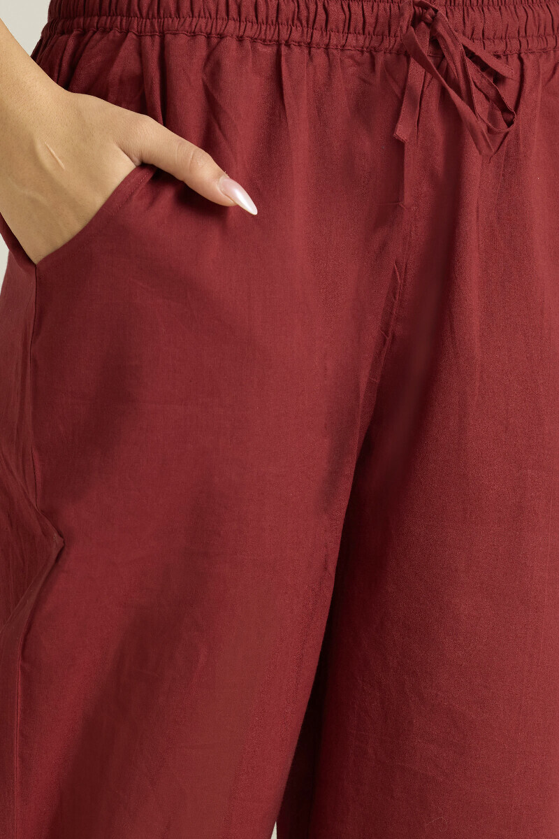 Maroon Handcrafted Cotton Narrow Pants