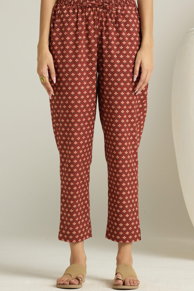 Maroon Hand Printed Cotton Narrow Pants