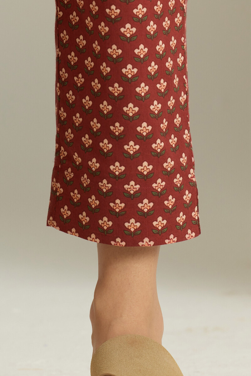 Maroon Hand Printed Cotton Narrow Pants