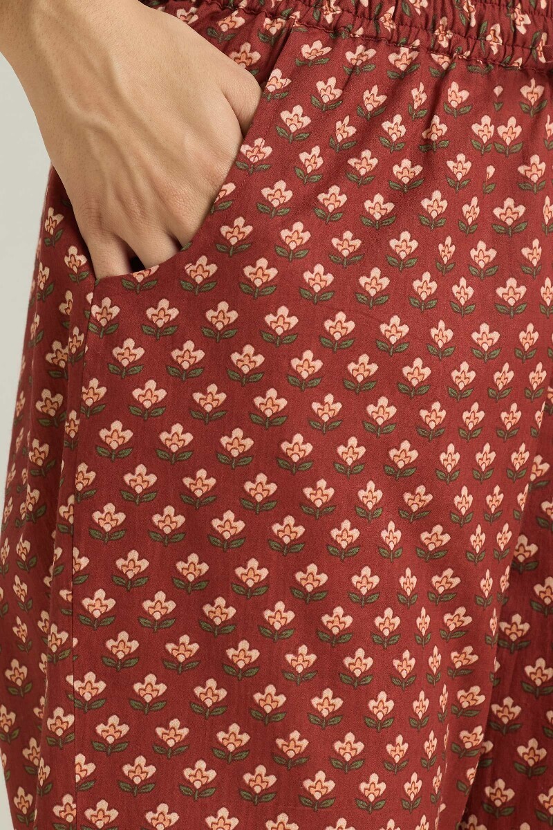Maroon Hand Printed Cotton Narrow Pants