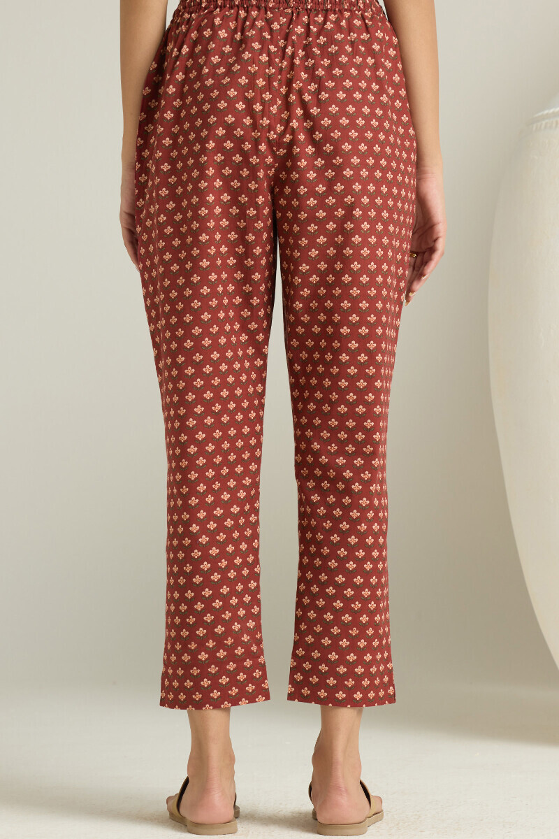 Maroon Hand Printed Cotton Narrow Pants
